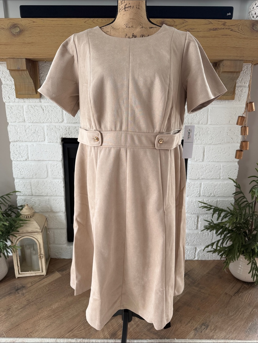 London Times Beige Short-Sleeve Midi Dress with Waist Tab